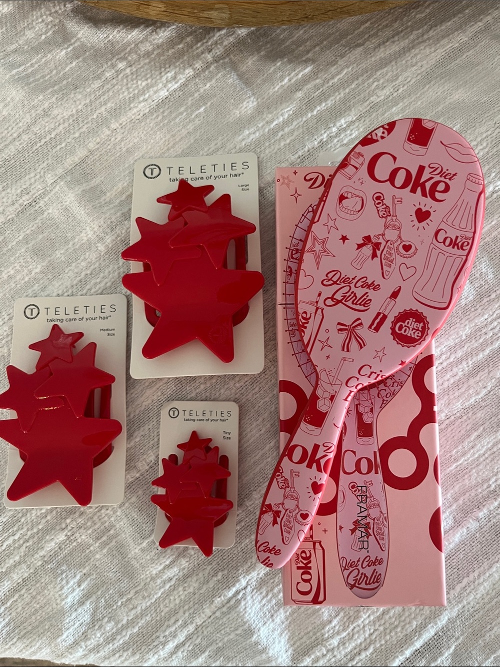 TELETIES Red Star Hair Clips + Diet Coke Pink Paddle Brush